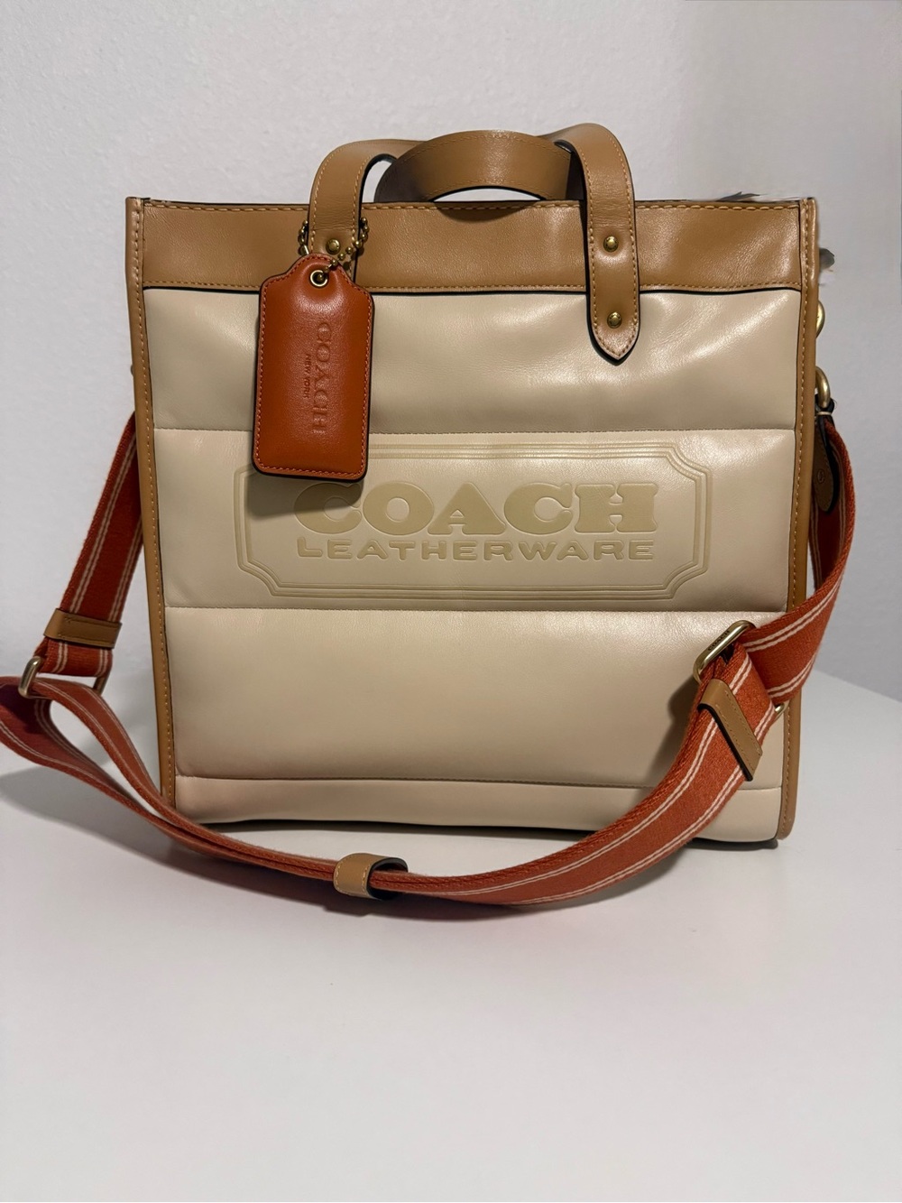 Coach Leatherware Beige & Tan Messenger Bag with Orange Strap - Picture 1 of 5